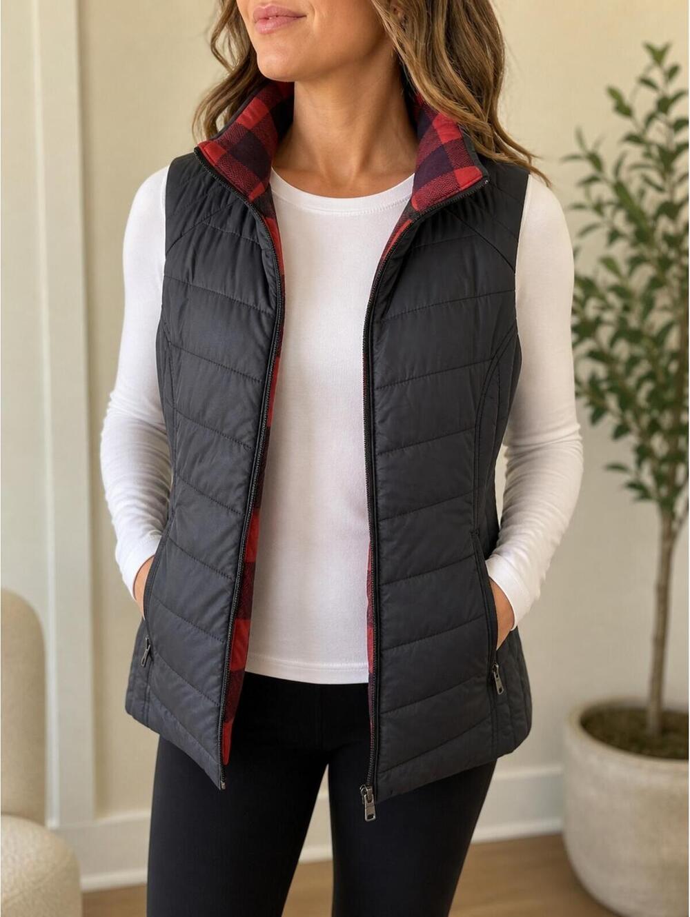 Vtg Bass Reversible Black Puffer Vest To Red Buffalo Plaid Wool Womens Size Med